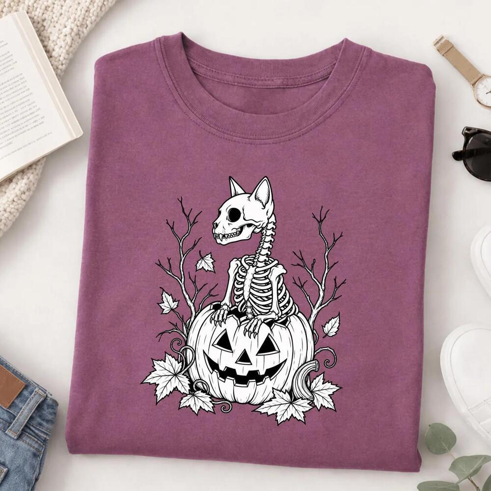 Cat Skeleton Pumpkin T-Shirt, Halloween Cat Lover Tee, Spooky Cat Shirt
